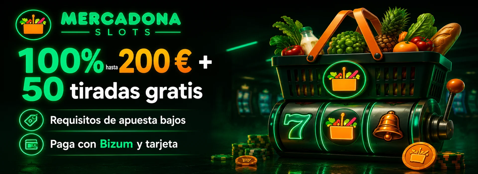 Bono de bienvenida de 100% hasta 200 € + 50 tiradas gratis — Mercadona Slots
